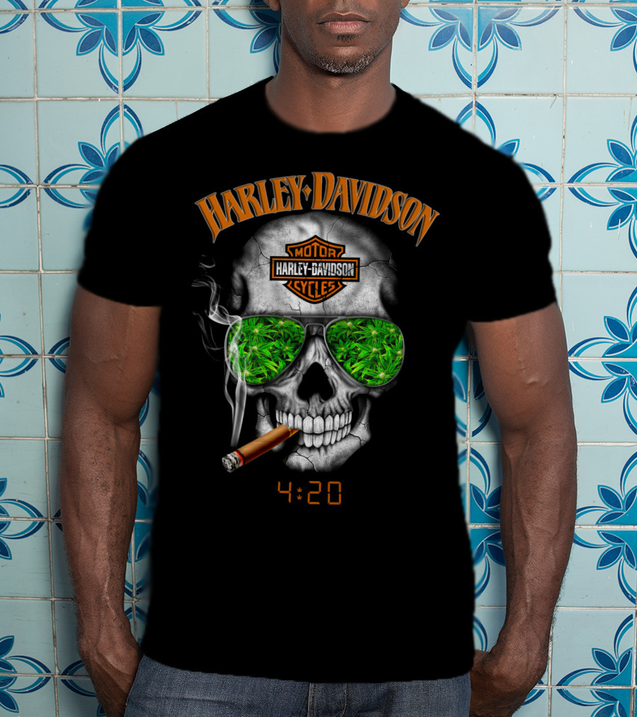 Harley Davidson Skull 4:20 With Cigar And Green Leaf Sunglasses T-Shirt
