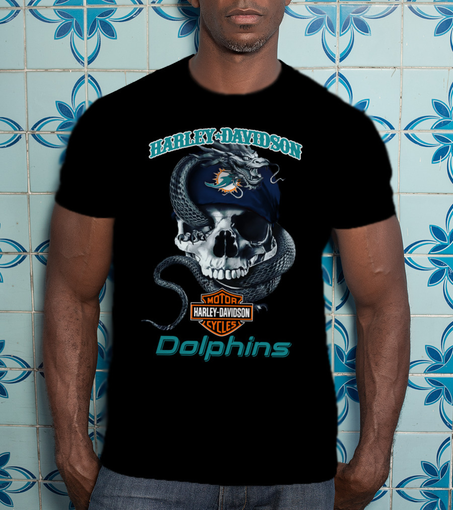 Harley Davidson Motor Cycles Miami Dolphins Skull T-Shirt