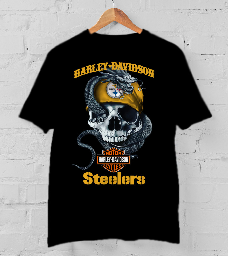Harley Davidson Steelers Skull With Snake And Helmet T-Shirt