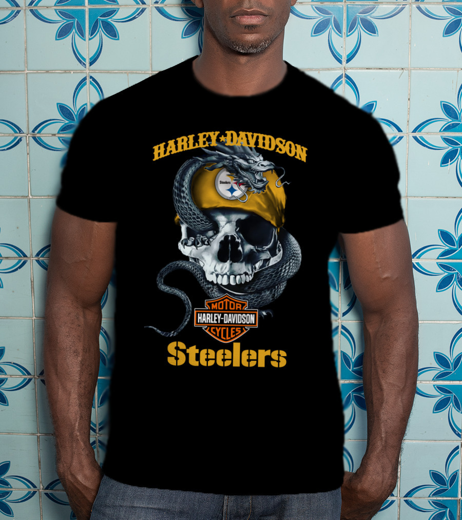 Harley Davidson Steelers Skull With Snake And Helmet T-Shirt
