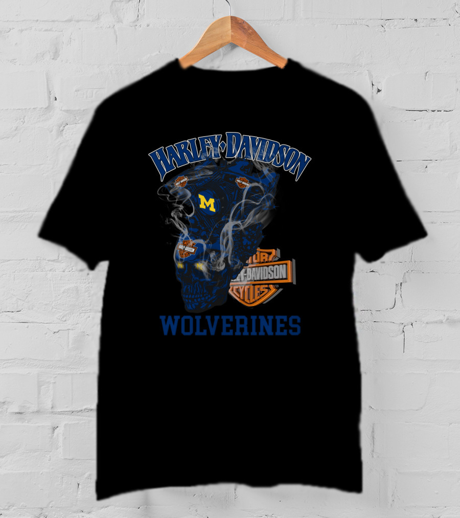 Harley Davidson Wolverines Michigan M Logo Skulls T-Shirt
