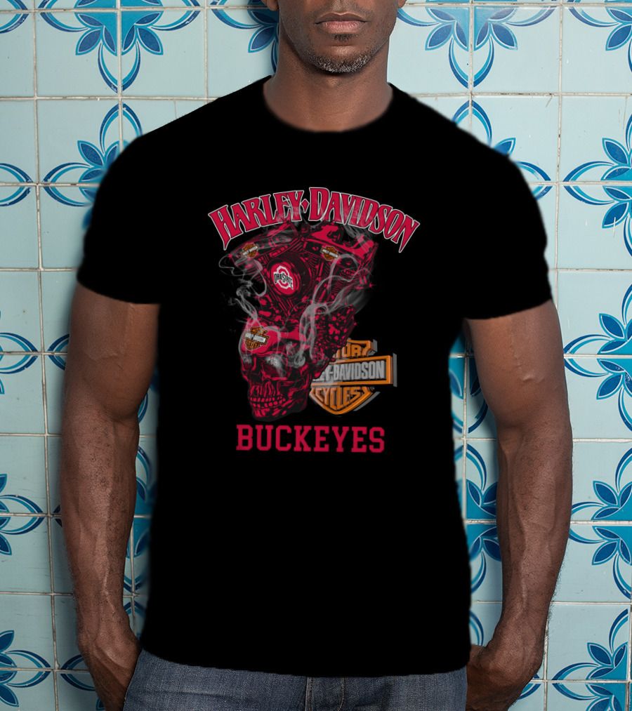 Harley Davidson Ohio State Buckeyes Skull Engine T-Shirt