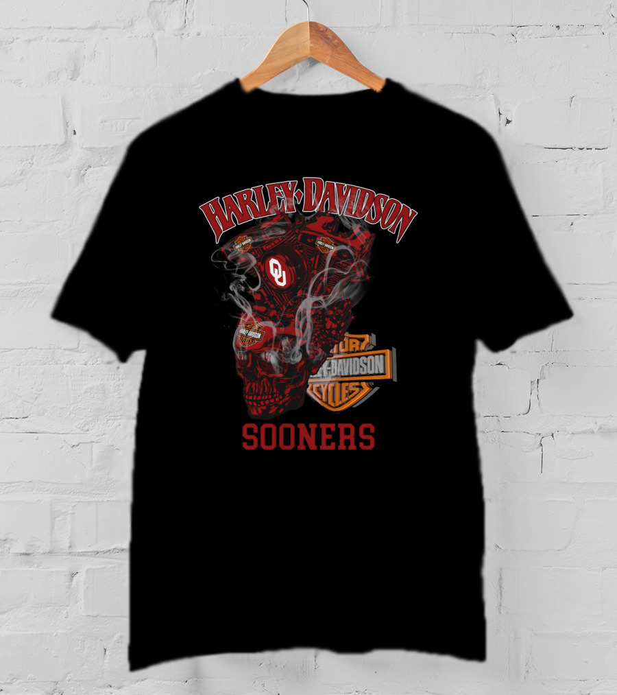 Harley Davidson Sooners Oklahoma Ou Motorcycle Engine Skull T-Shirt