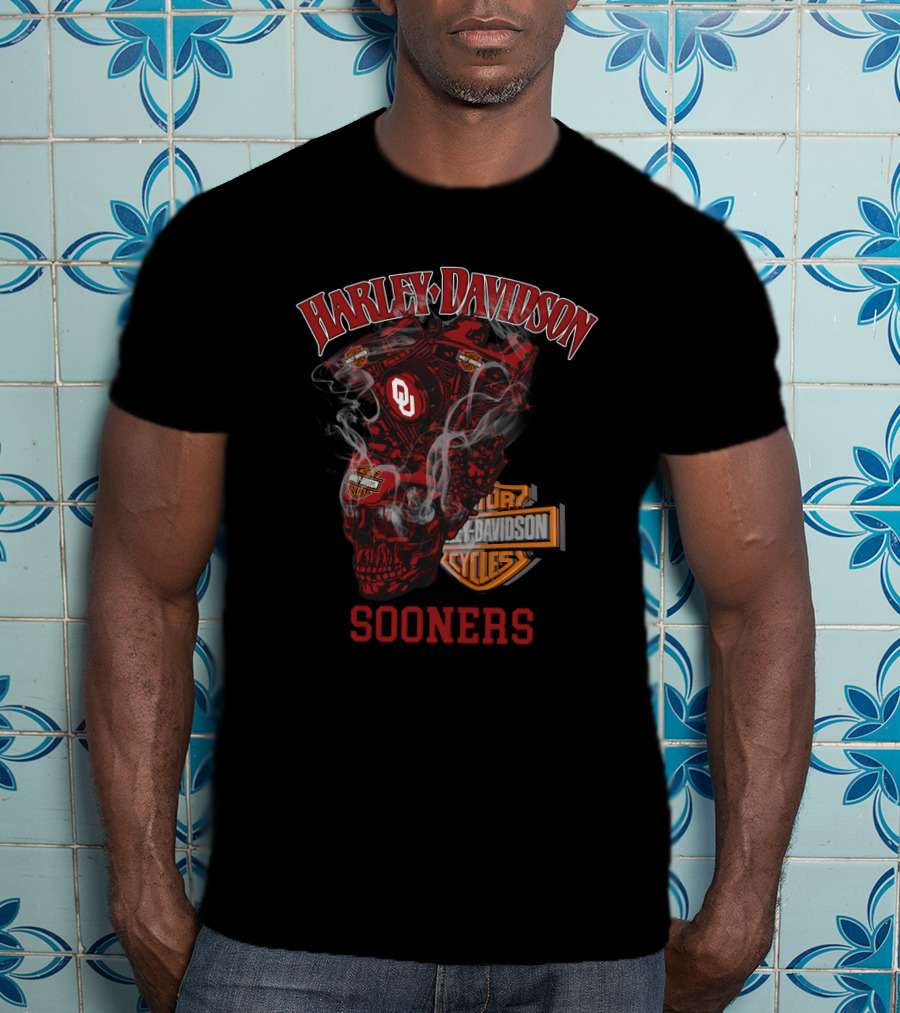 Harley Davidson Sooners Oklahoma Ou Motorcycle Engine Skull T-Shirt