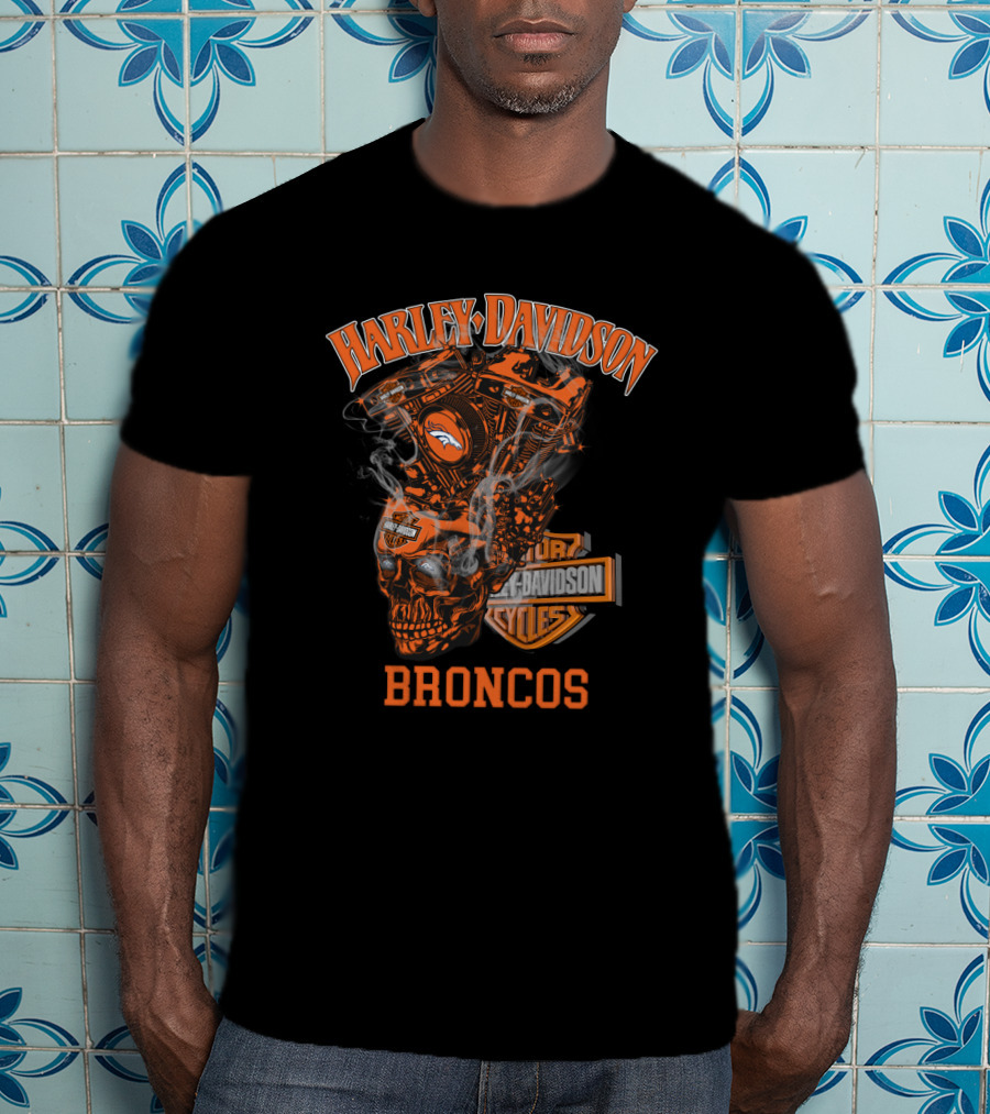 Harley Davidson Broncos Denver Broncos Motorcycle Engine Skull T-Shirt