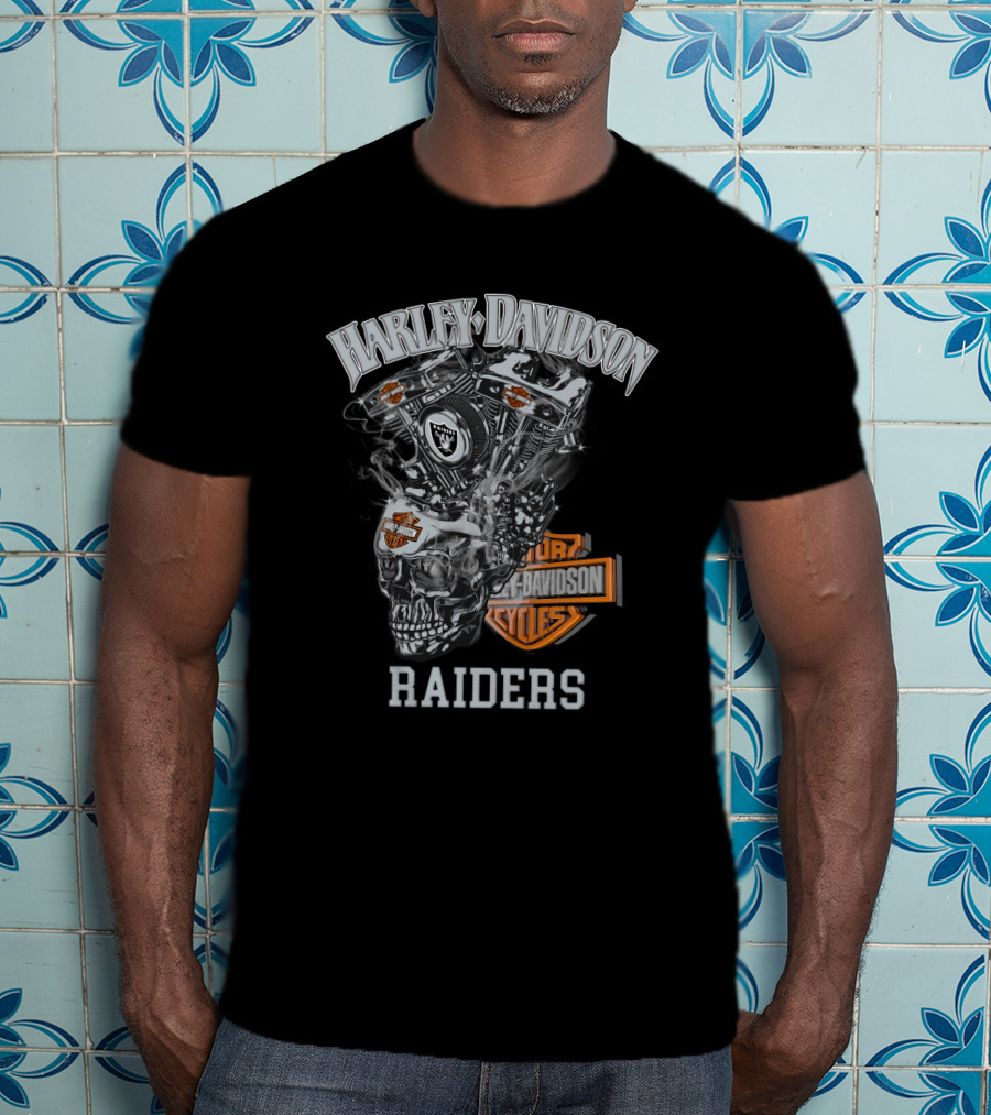 Harley Davidson Raiders Skull Engine Art With Oakland Theme T-Shirt
