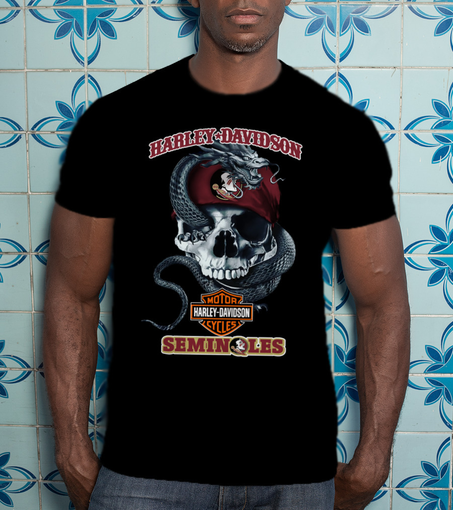 Harley Davidson Motor Cycles Florida State Seminoles Skulls And Snakes T-Shirt
