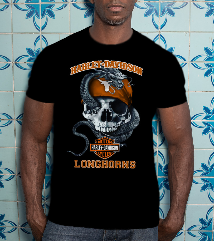 Harley Davidson Motor Cycles Longhorns Texas Skull Snake T-Shirt