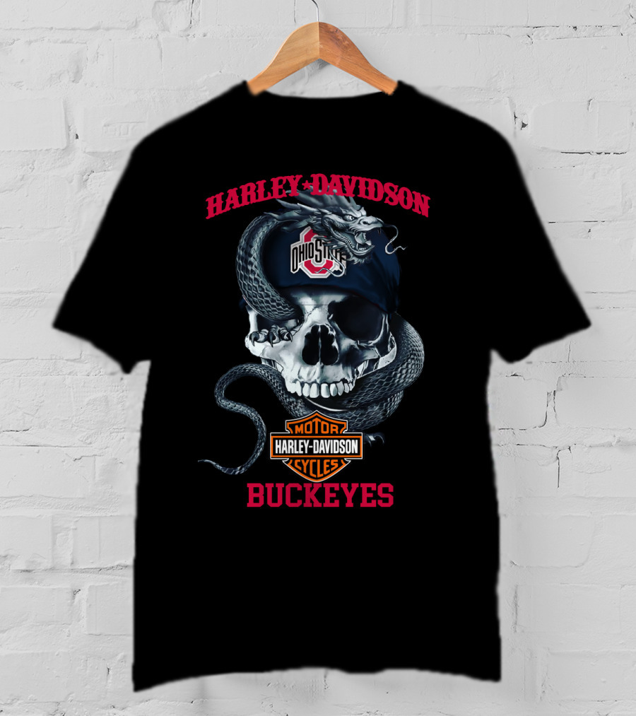 Ohio State Buckeyes Harley Davidson Skull Snake Motorcycle Cycles T-Shirt