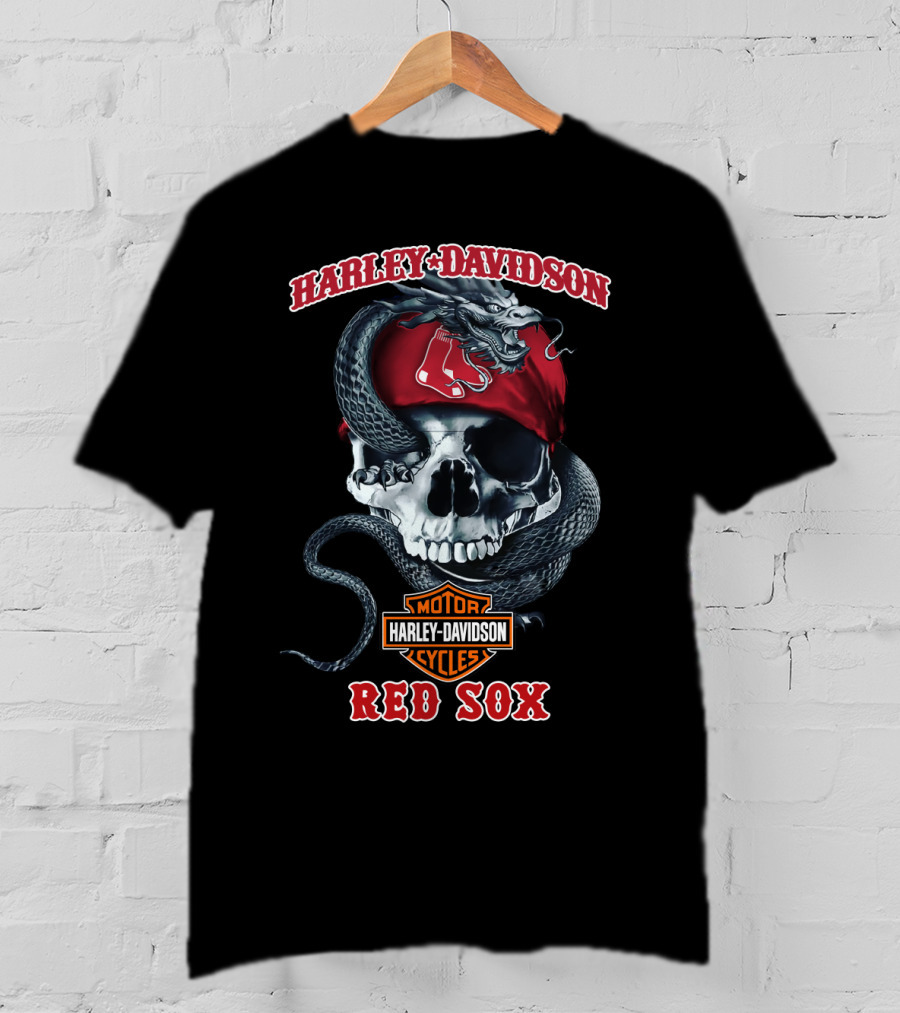 Harley Davidson Red Sox Skull With Snake And Motorcycles T-Shirt