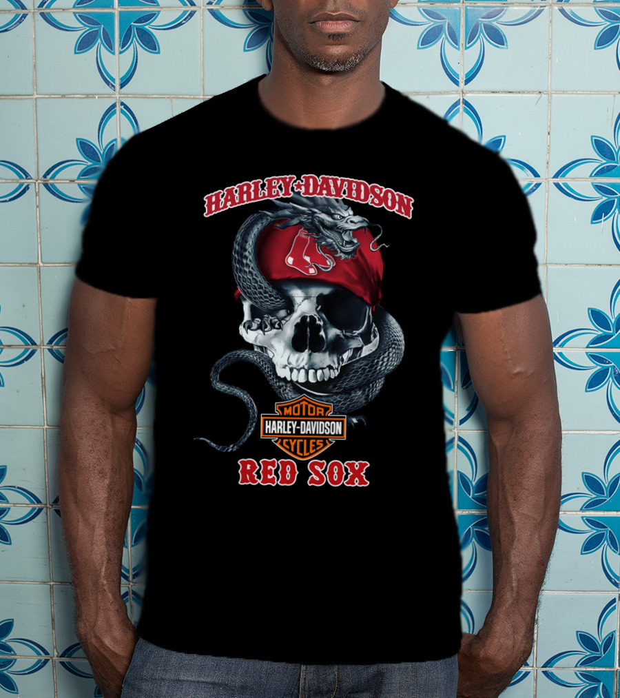 Harley Davidson Red Sox Skull With Snake And Motorcycles T-Shirt