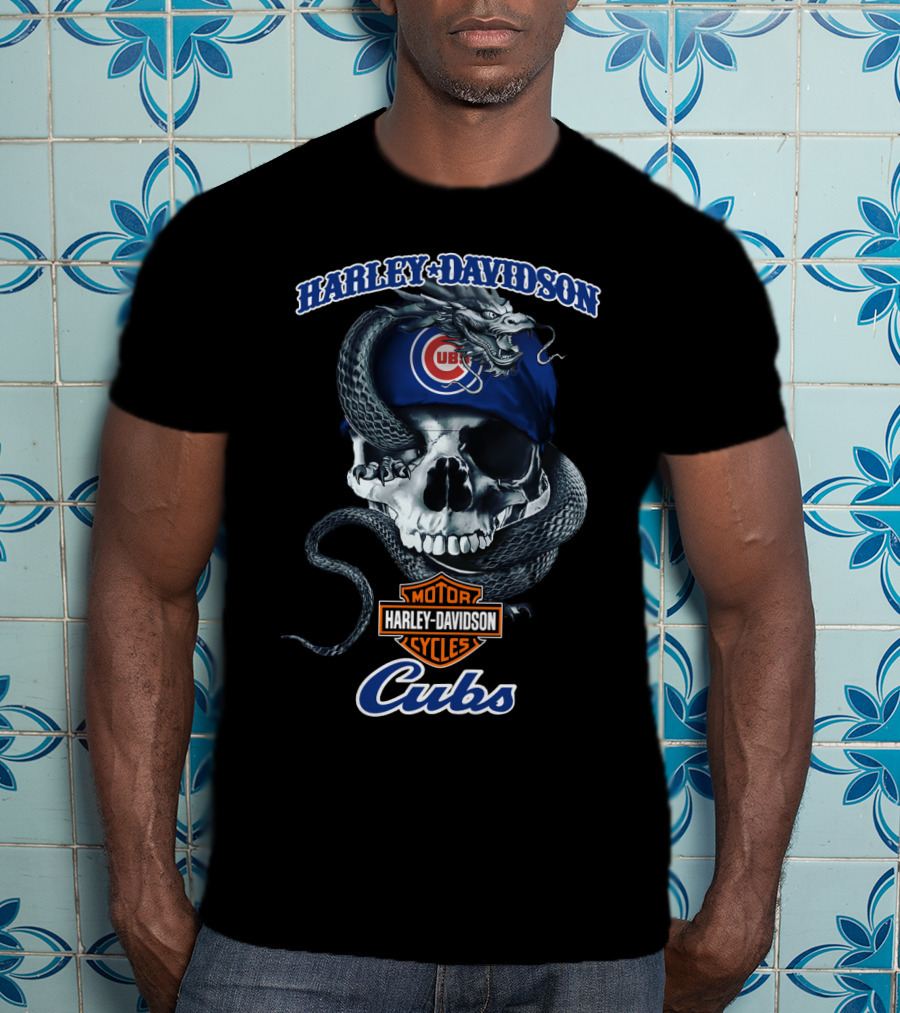 Harley Davidson Motor Cycles Chicago Cubs Skull And Snake T-Shirt