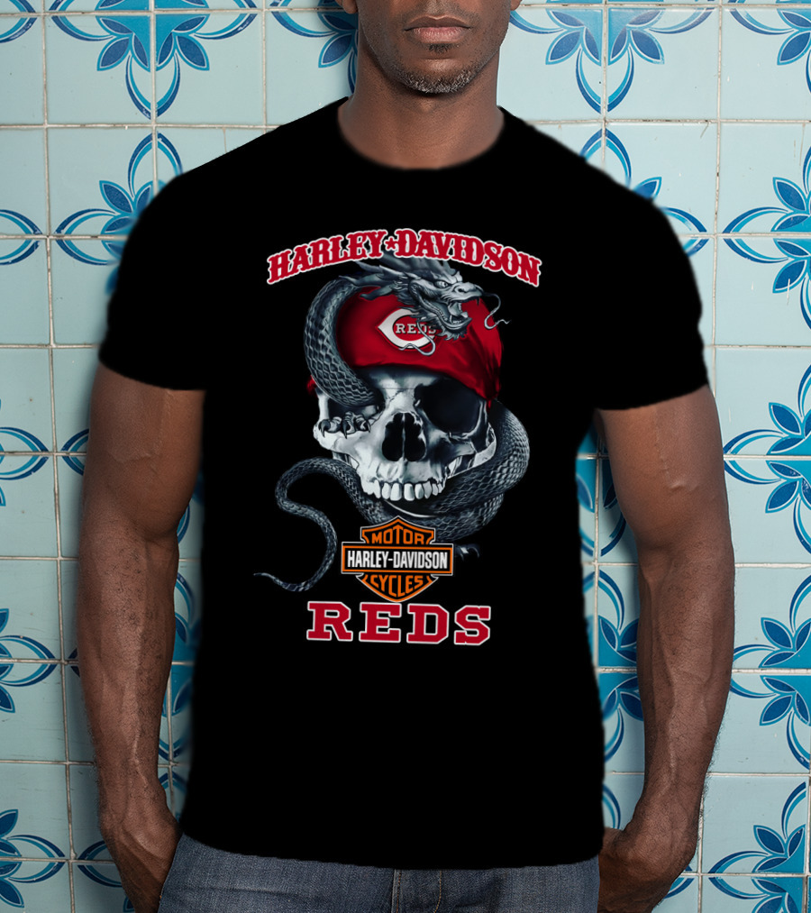 Harley Davidson Motorcycle Cycles Cincinnati Reds Skull And Snake T-Shirt