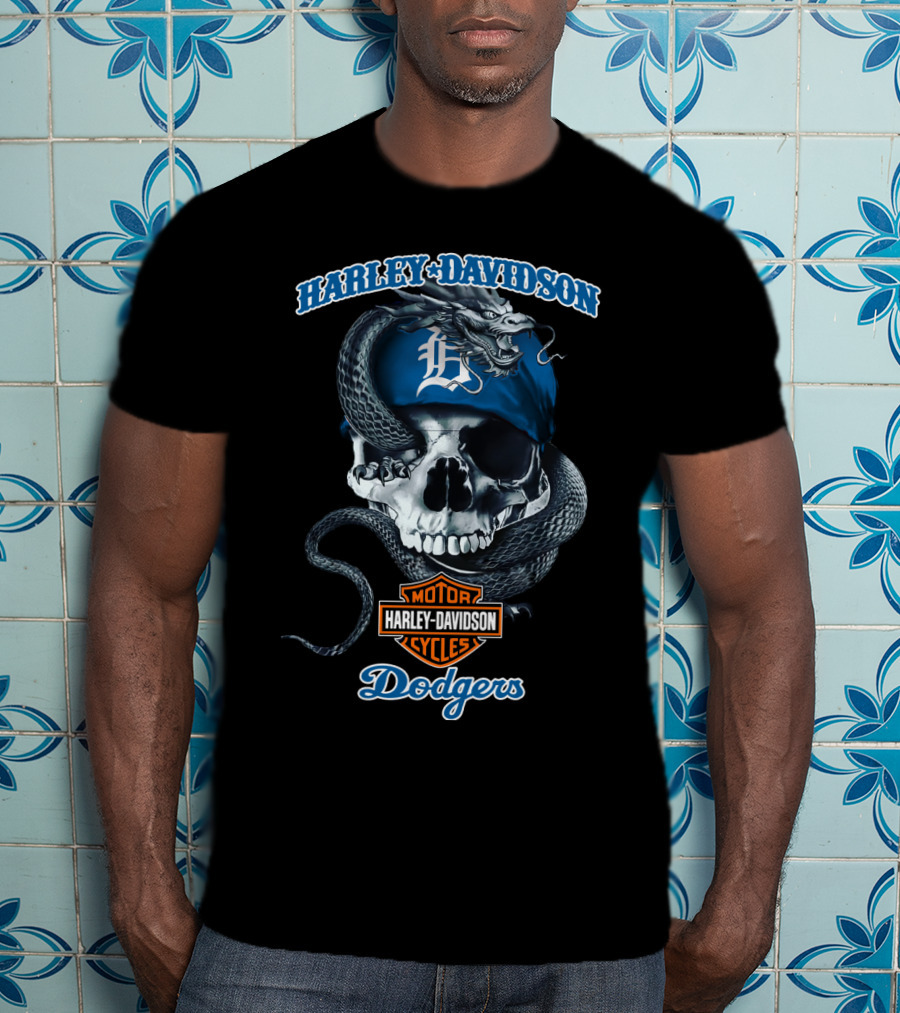 Harley Davidson Dodgers Motor Cycles Skull Snake T-Shirt