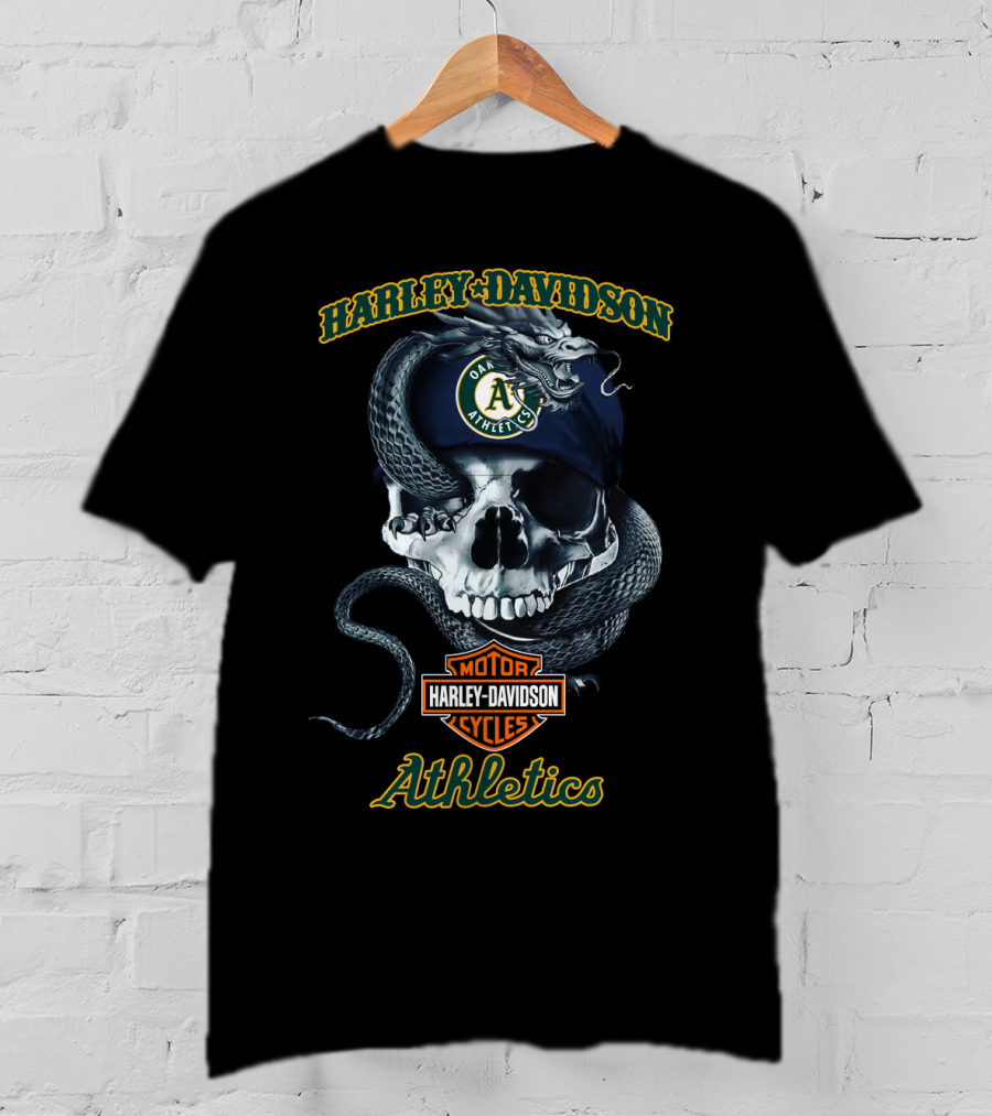 Harley Davidson Oakland Athletics Skull And Snake Graphic With Logos T-Shirt