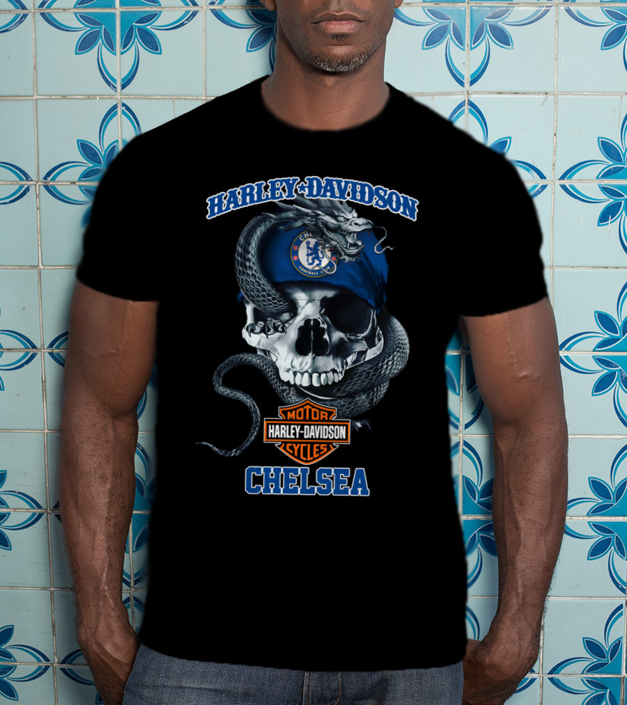 Harley Davidson Motor Cycles Chelsea Football Club Skull Snake T-Shirt