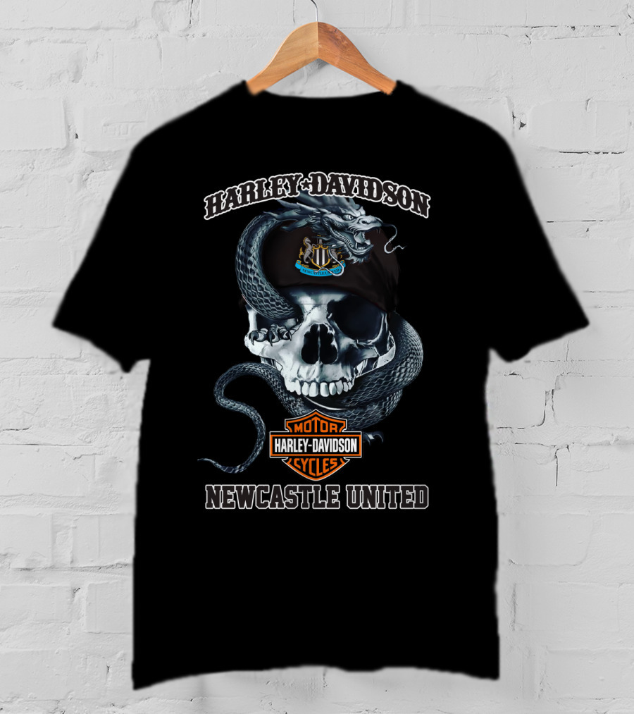 Harley Davidson Skull With Newcastle United And Snake T-Shirt