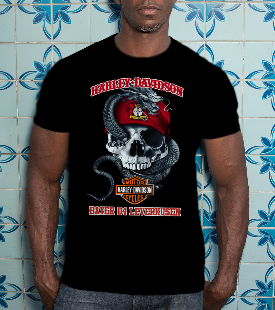 Harley Davidson Bayer 04 Leverkusen Skull Motif With Snake And Logos T-Shirt
