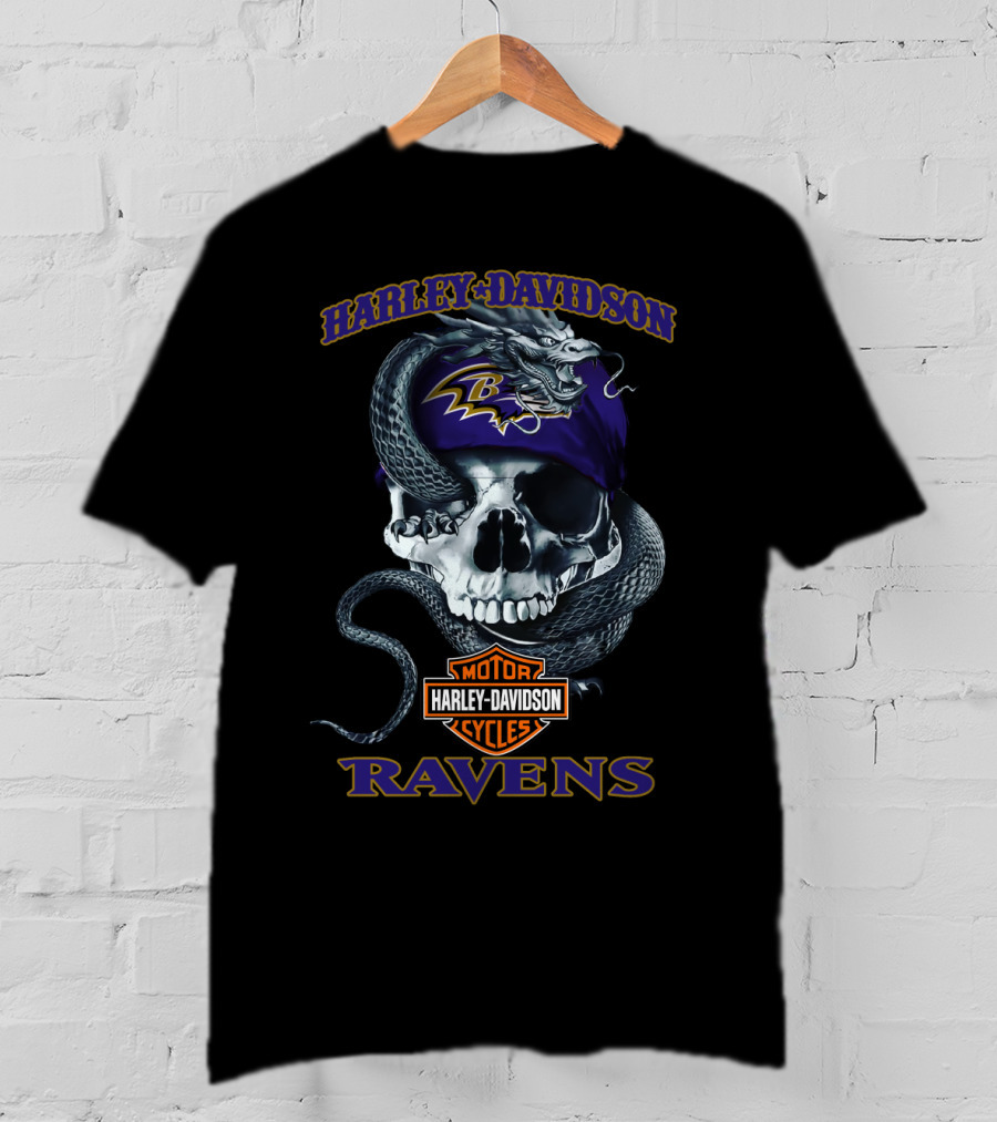 Harley Davidson Motor Cycles Baltimore Ravens Skull And Snake T-Shirt