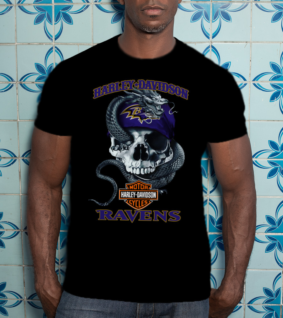 Harley Davidson Motor Cycles Baltimore Ravens Skull And Snake T-Shirt