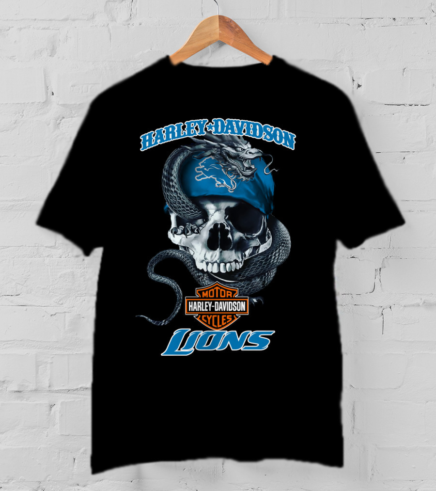 Harley Davidson Motor Cycles Detroit Lions Snake Skull T-Shirt