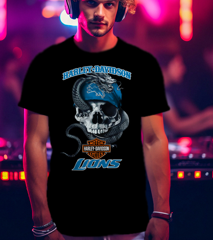 Harley Davidson Motor Cycles Detroit Lions Snake Skull T-Shirt