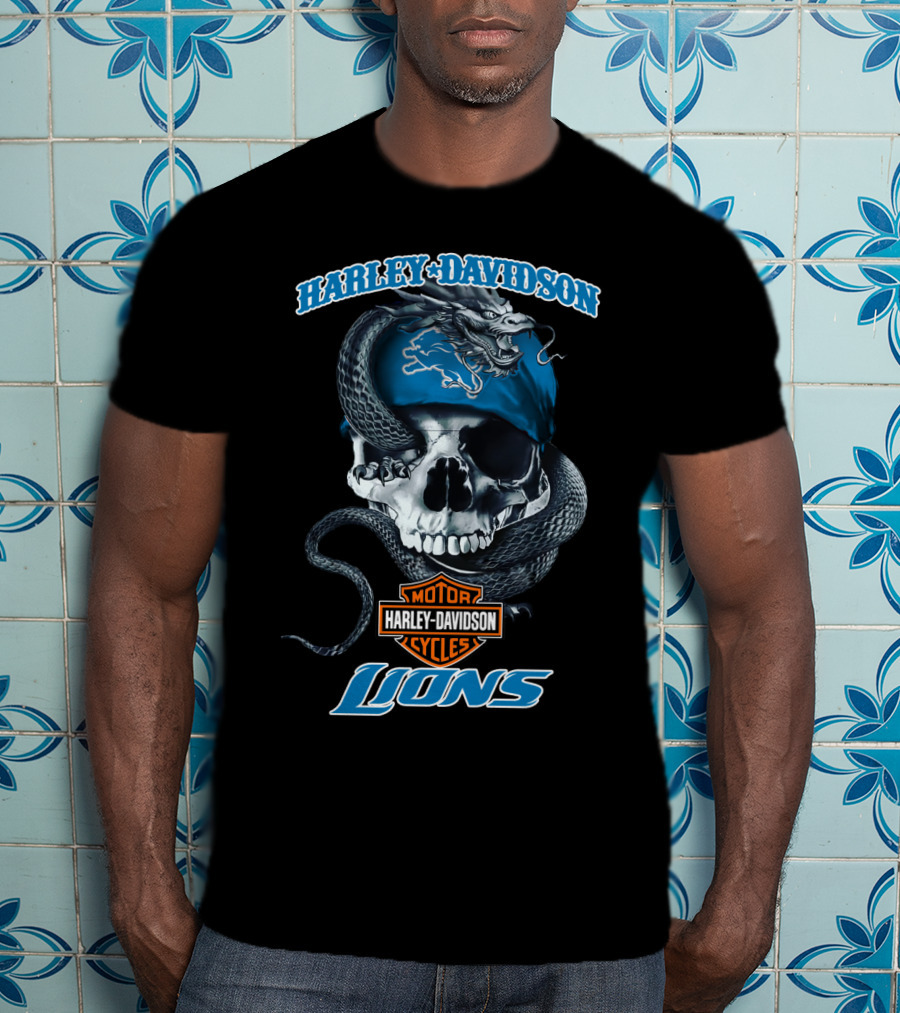 Harley Davidson Motor Cycles Detroit Lions Snake Skull T-Shirt
