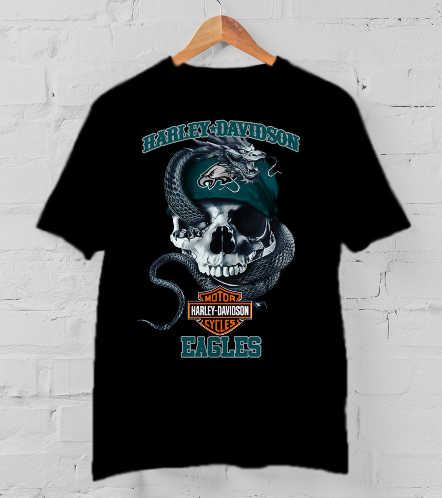 Harley Davidson Motor Cycles Philadelphia Eagles Skull Snake T-Shirt