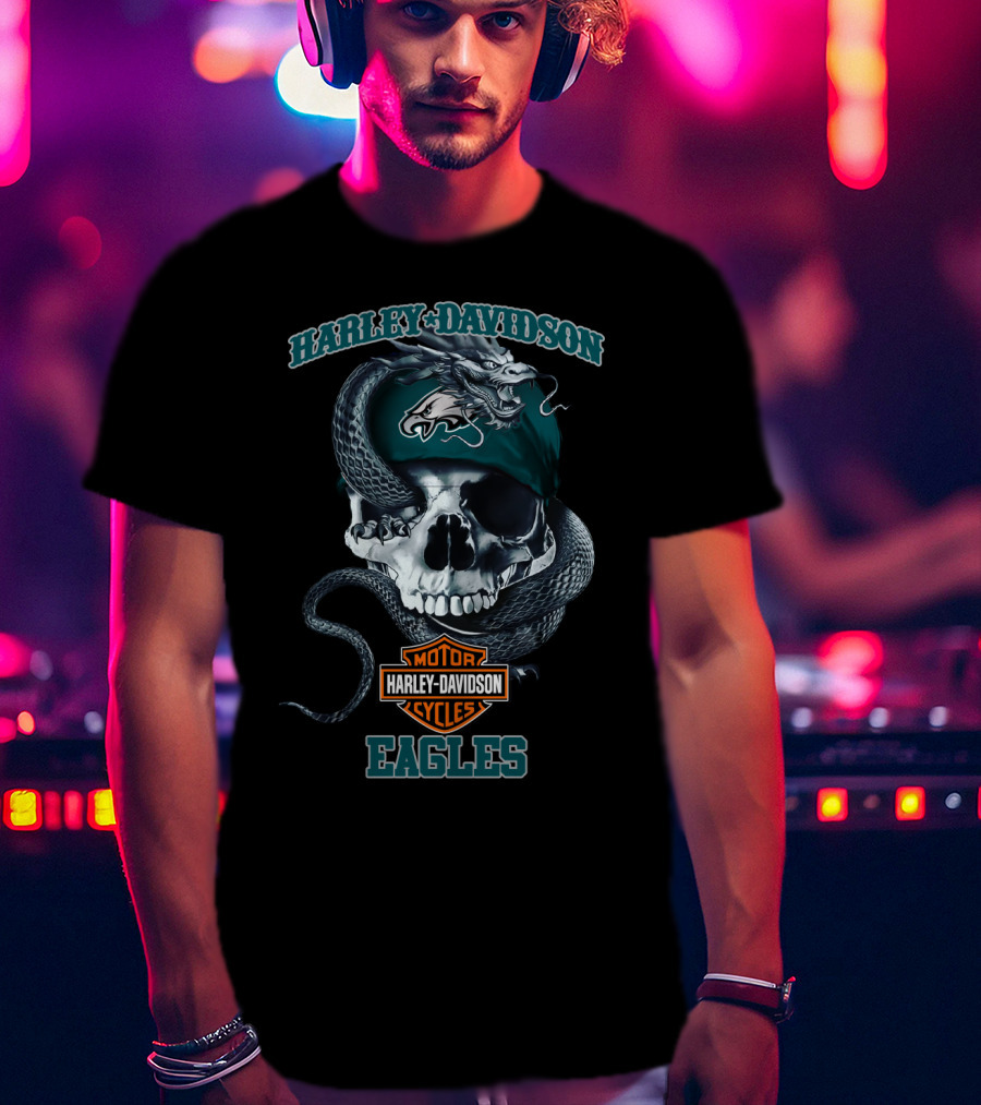 Harley Davidson Motor Cycles Philadelphia Eagles Skull Snake T-Shirt