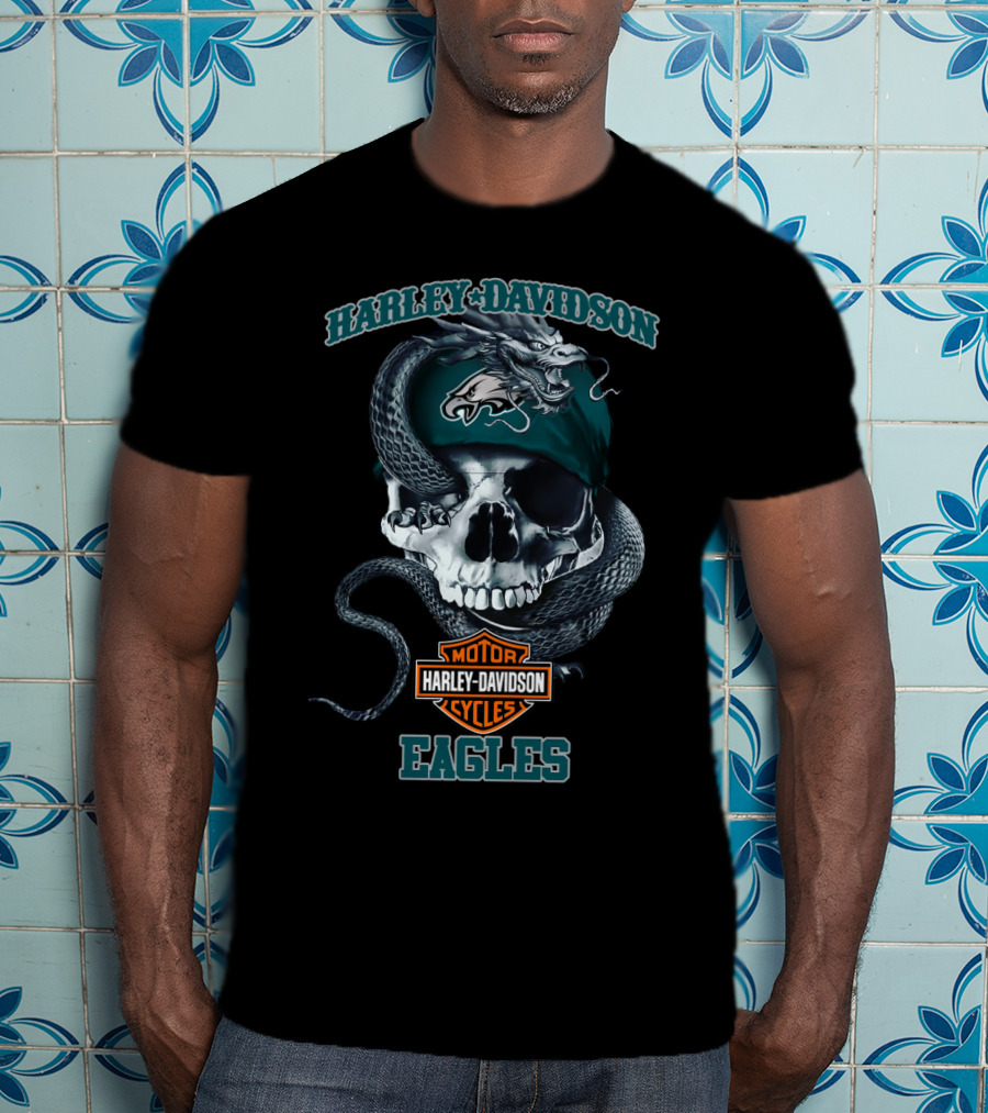 Harley Davidson Motor Cycles Philadelphia Eagles Skull Snake T-Shirt