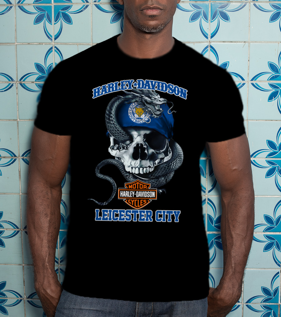 Harley Davidson Motor Cycles Leicester City Football Club Skull Snake T-Shirt