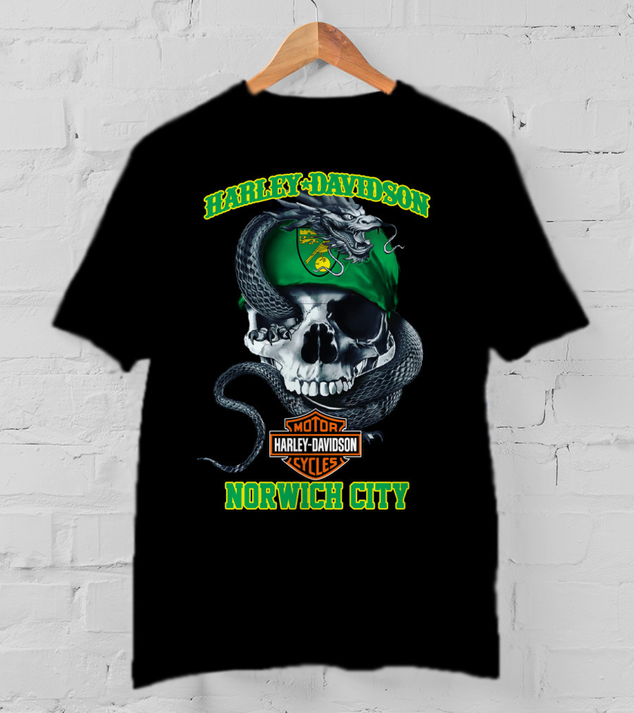 Harley Davidson Motor Cycles Skull Snake Norwich City T-Shirt