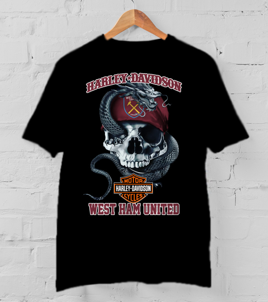 Harley Davidson West Ham United Motor Cycles Skull And Snake T-Shirt