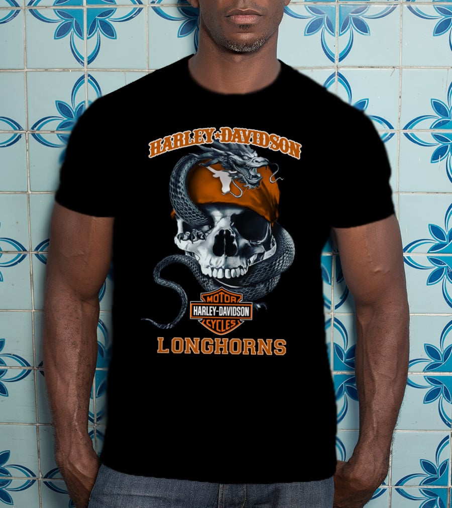 Harley Davidson Texas Longhorns Skull And Snake Motorcycle Cycles T-Shirt