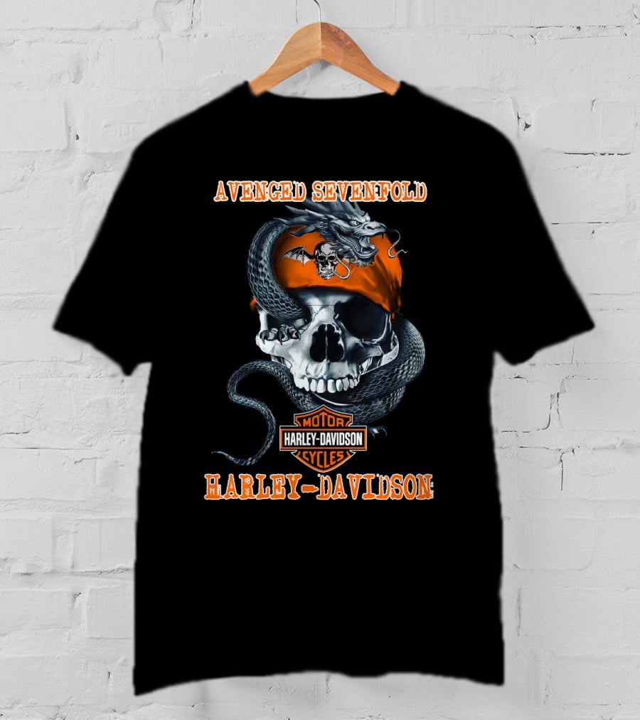 Avenged Sevenfold Harley Davidson Motorcycles Skull With Snake And Orange Bandana T-Shirt