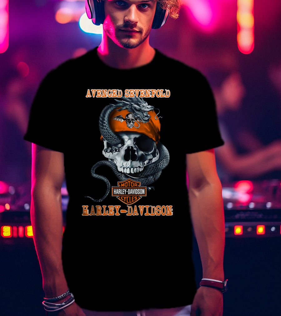 Avenged Sevenfold Harley Davidson Motorcycles Skull With Snake And Orange Bandana T-Shirt