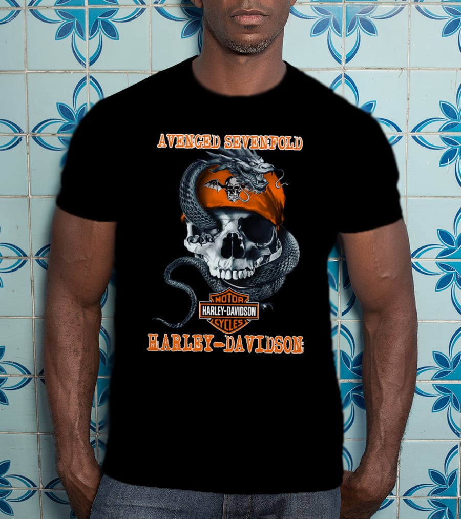 Avenged Sevenfold Harley Davidson Motorcycles Skull With Snake And Orange Bandana T-Shirt