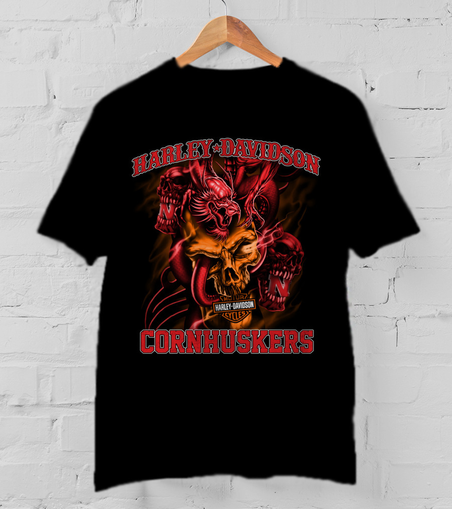Harley Davidson Cornhuskers Nebraska N Cyclones Fire Skull T-Shirt
