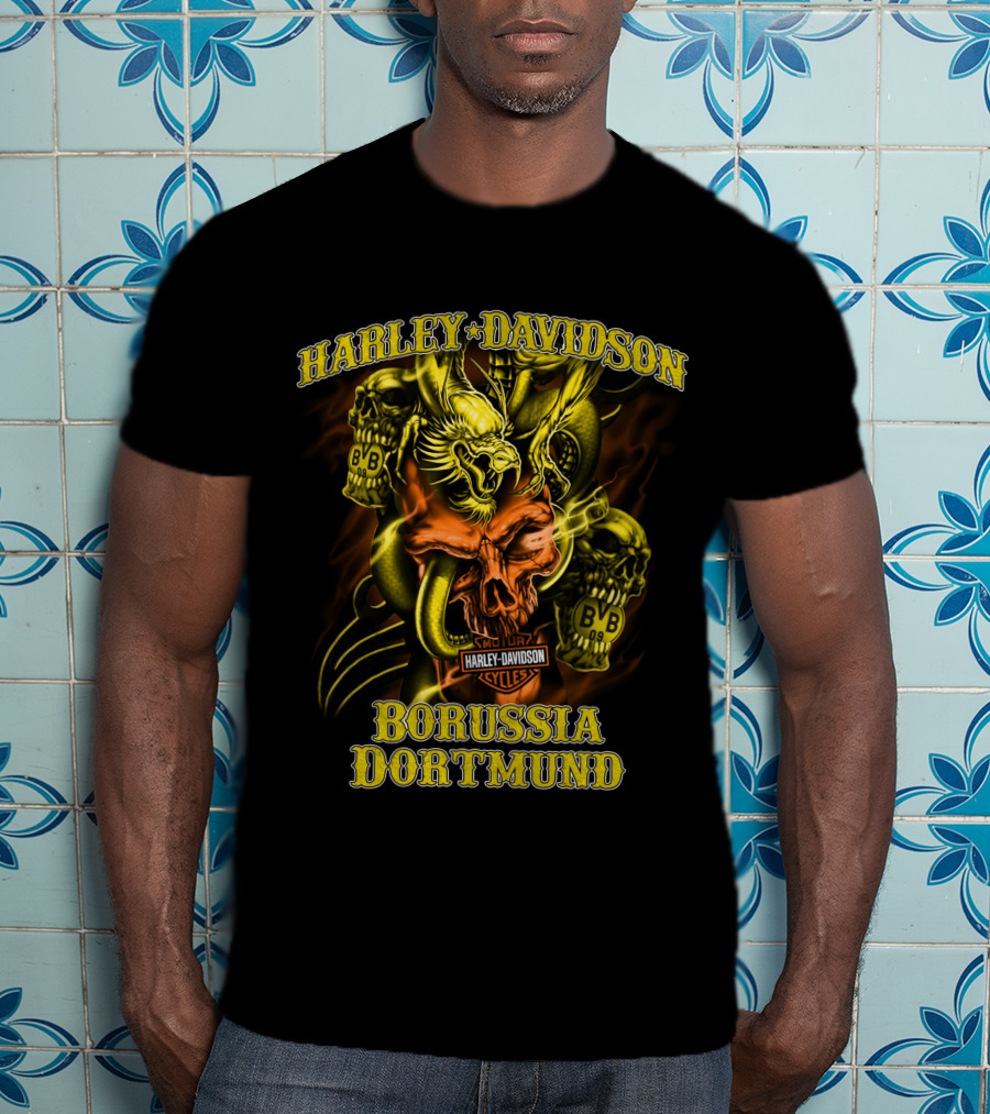 Harley Davidson Borussia Dortmund Cycles Bvb Skulls And Eagle T-Shirt