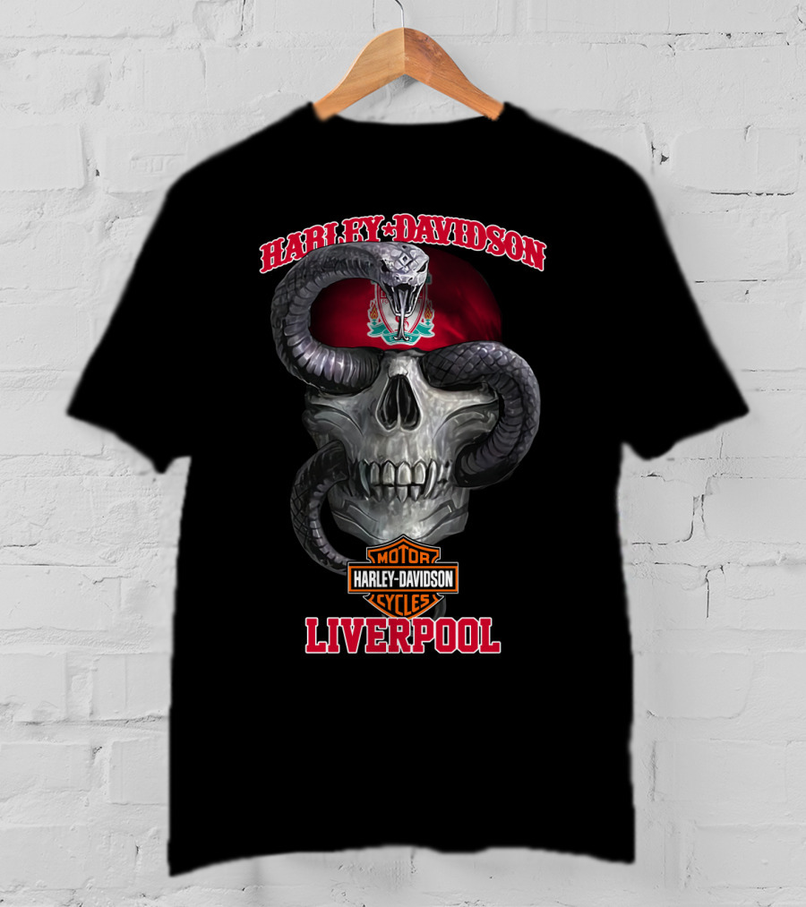 Harley Davidson Motor Cycles Liverpool Skull Serpent Crest Red T-Shirt