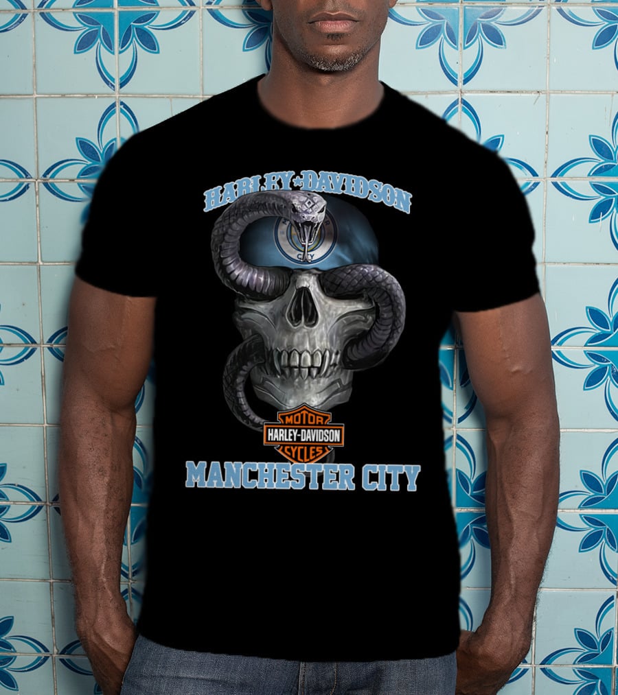Harley Davidson Motorcycles Manchester City Skull And Snake T-Shirt