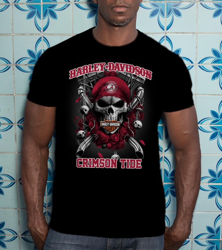Harley Davidson Alabama Crimson Tide Skull And Roses T-Shirt