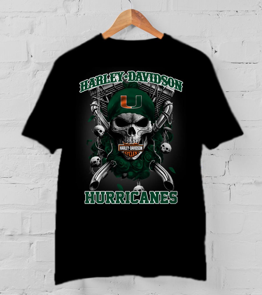 Harley Davidson Miami Hurricanes Cyclones Skulls Football U T-Shirt