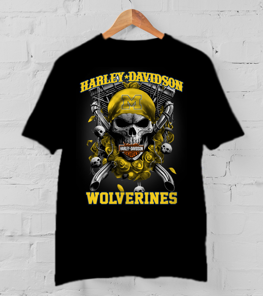 Harley Davidson Michigan Wolverines Skull Rose M Cycles T-Shirt