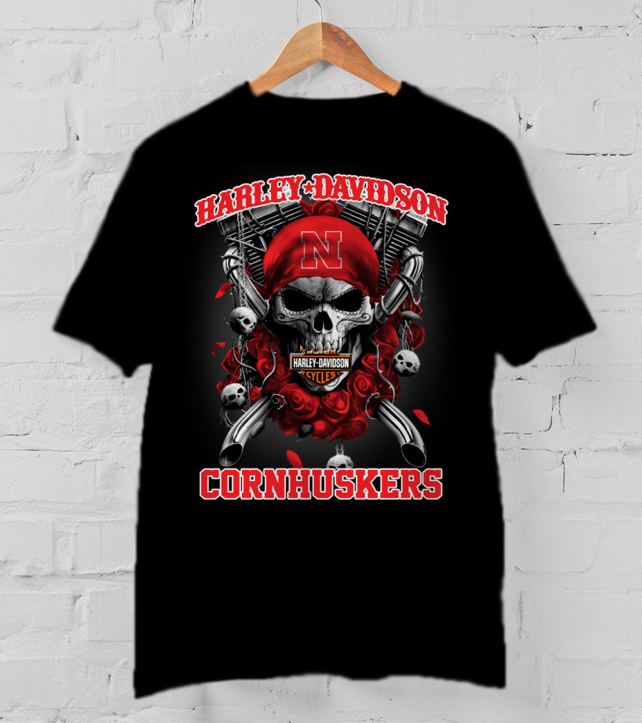 Harley Davidson Nebraska Cornhuskers Skull And Roses T-Shirt