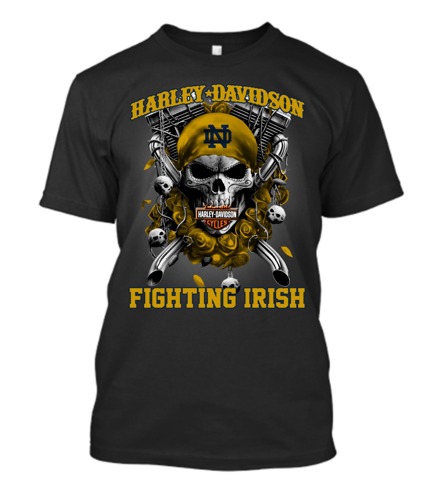 Harley Davidson Notre Dame Fighting Irish Skull And Pistons T-Shirt