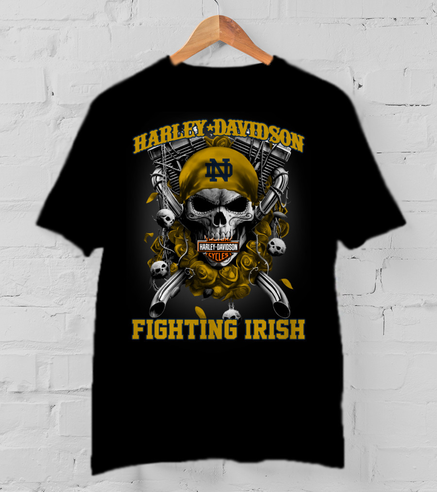 Harley Davidson Notre Dame Fighting Irish Skull And Pistons T-Shirt