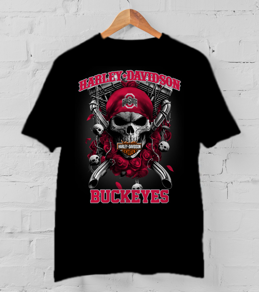Harley Davidson Ohio State Buckeyes Skull Roses Motorcycles T-Shirt