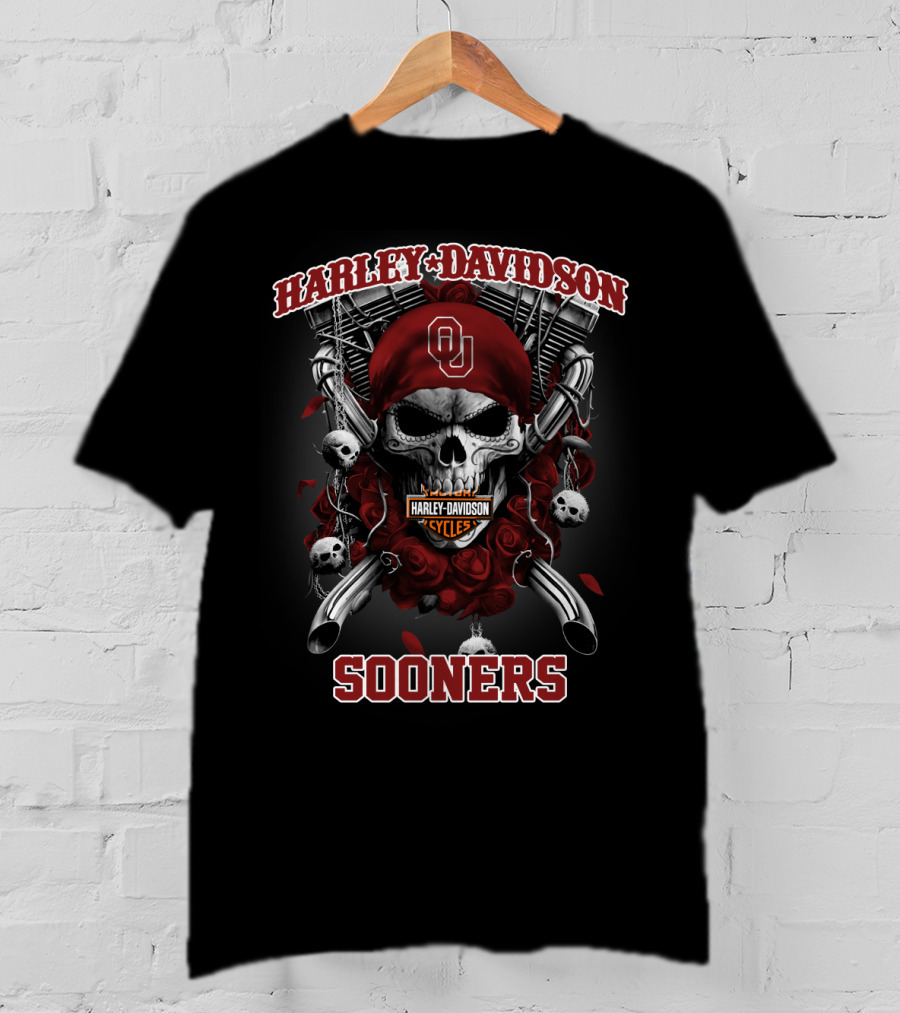 Harley Davidson Cycles Oklahoma Sooners Ou Skull Roses T-Shirt