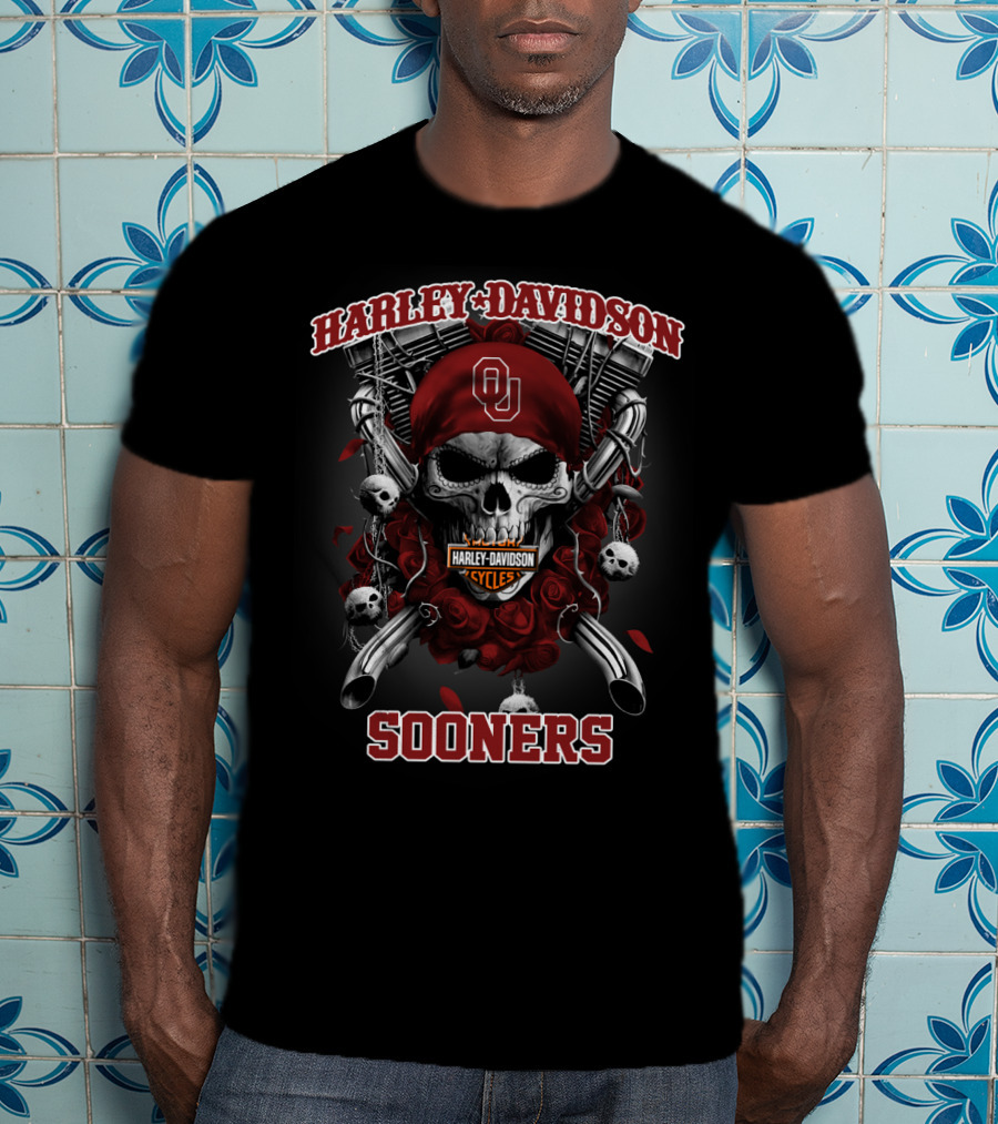 Harley Davidson Cycles Oklahoma Sooners Ou Skull Roses T-Shirt